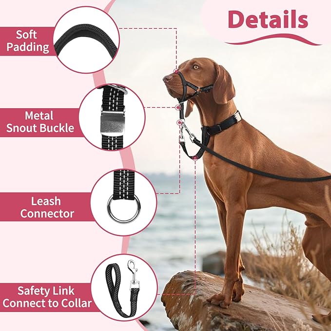 BARKLESS Sturdy No Pull Head Collar for Medium Large Dogs, Gentle Reflective Head Halter with Safety Link, Adjustable Nylon Dog Training Muzzle Leash for Walking Control (Hot Pink, M)