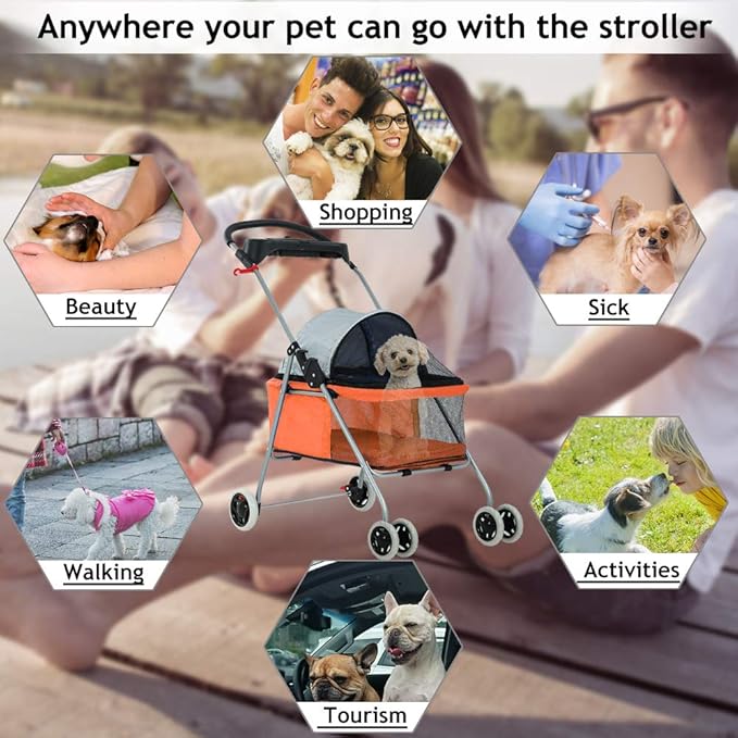 4 Wheels Pet Stroller Cat Dog Cage Stroller Protable Travel Folding Carrier Cart Waterproof Buggy Doggie Dog Stroller Jogger with Cup Holders for Small-Medium Dogs, Cat Orange