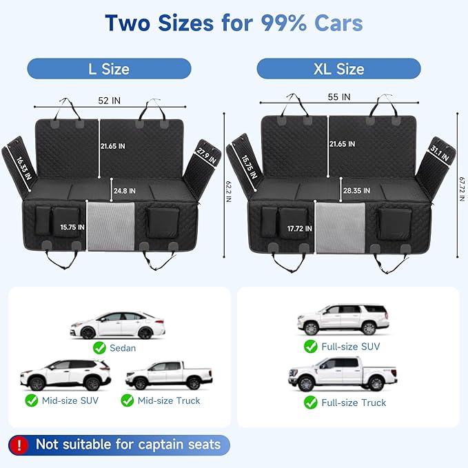 REDASW Dog Car Seat Cover for Back Seat Waterproof Oxford Fabric, Hard Bottom Seat Extender, Scratchproof, Anti-Slip, Dog Hammock for Car with Mesh Window, Fit Full Size Truck, Black