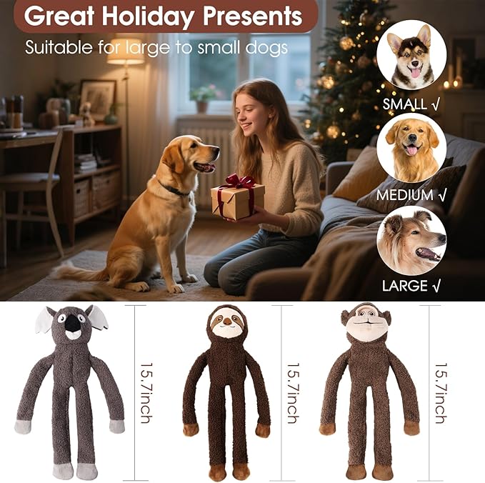 No Stuffing Dog Toys for Large Dogs - 3 Pack Squeaky Crinkle Interactive Plush Teething Toys, Durable & Fun Gifts for Small, Medium & Large Breeds