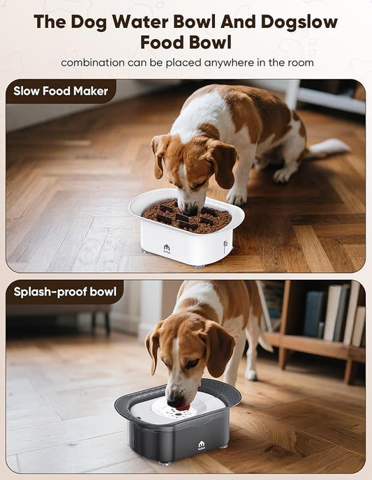Dog Water Bowl,No Spill Water Bowl for Dogs Reduce Refill & 2-6 Cups Slow Feeder Dog Bowls 2Pieces,Anti Splash No Mess Dispenserl,Anti-Choking Puzzle Food Bowls(with Suction Cup Foot Pad)