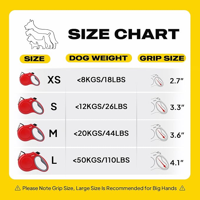 Fida Retractable Dog Leash, 16ft Heavy Duty Pet Walking Leash for X-Small/Small/Medium/Large Dog or Cat up to 110 lbs, Tangle-Free. One-Hand Brake (Large, Red)