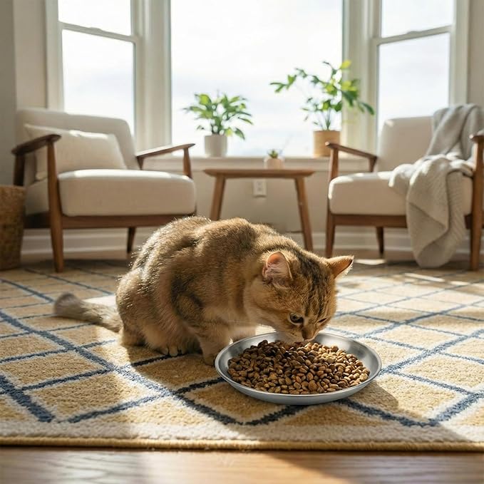 Domensi 15 Pieces Stainless Steel Cat Bowls Beard Friendly, 6.7 Inch Wide and Shallow Cat Food Dish Wet Feeding Bowls Flat Pet Dish Small Pet Plate for Kittens Ferrets Stray