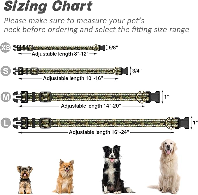 MOODEL Reflective Dog Collar for Small Dogs Cats, Cute Camouflage Adjustable Heavy-Duty Nylon Puppy Collar for Boy and Girl Female, Soft Pet Accessories with Quick Release Buckle, Green