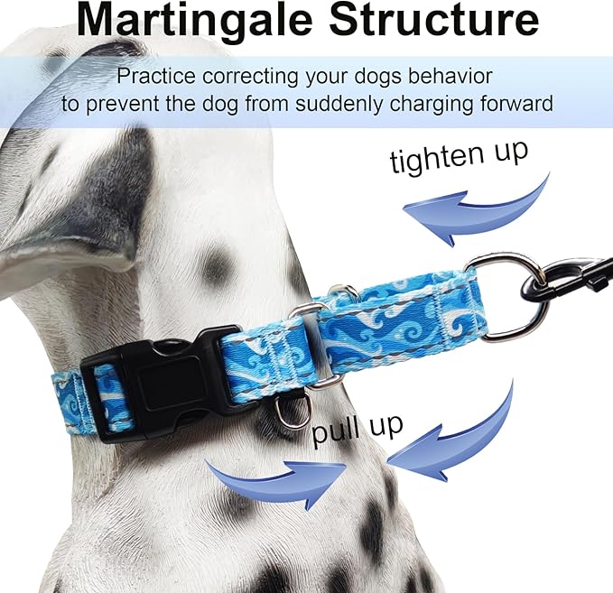 Reflective Martingale Collar with Quick Release Buckle Anti Pulling Boy Male Adjustable Dog Collars (Blue Waves, Large)