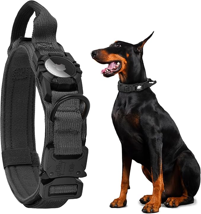 Upgraded Airtag Dog Collar Waterproof, Adjustable GPS Training Nylon Dog Collar with AirTag Holder, Control Handle and Quick-Release Buckle for Medium and Large Dogs (Black, M)
