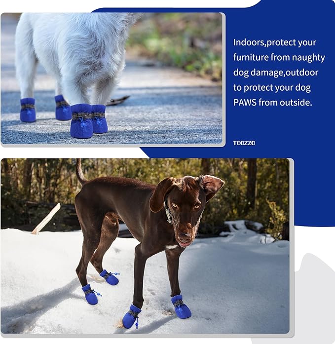 Dog Shoes Dog Boots & Paw Protector, Anti-Slip Sole Winter Dog Booties with Reflective Straps Dog for Small Medium Dogs 4PCS (Blue, Size 5: 1.77"(Width))