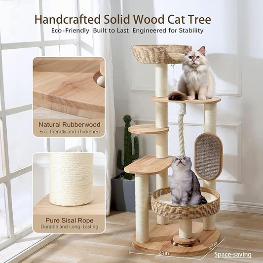 Wooden Cat Tree for Large Cat, 49.6IN Tall Cat Tower with Scratching Post for Indoor Cats, Multi-Level Cat Condo with Hand-Woven Cat Bed and Scratching Board Easy to Clean