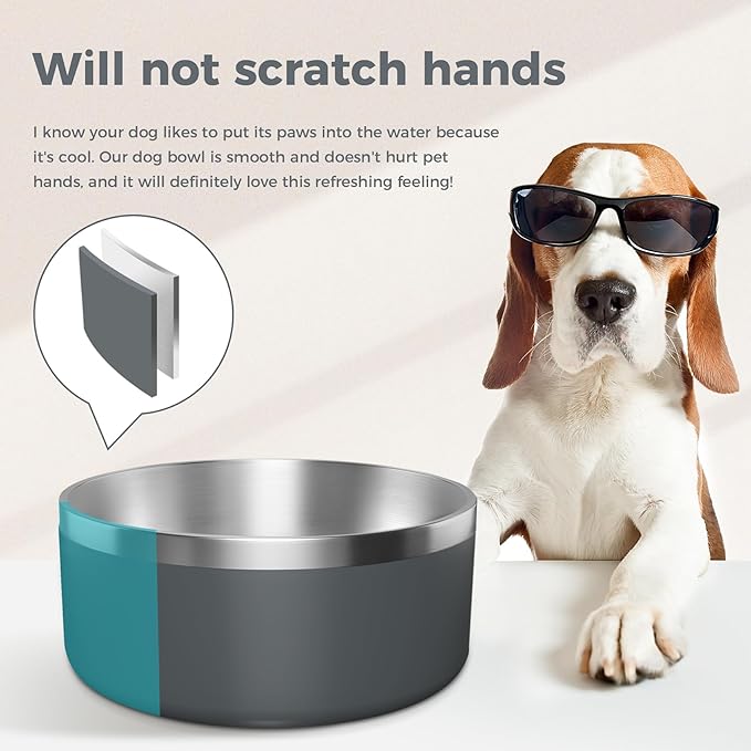 Dog Bowl, Stainless Steel Dog Food and Water Bowl with Non Slip Quiet Bottom, Easy to Clean, Dishwasher Safe, 64oz, Deep Grey