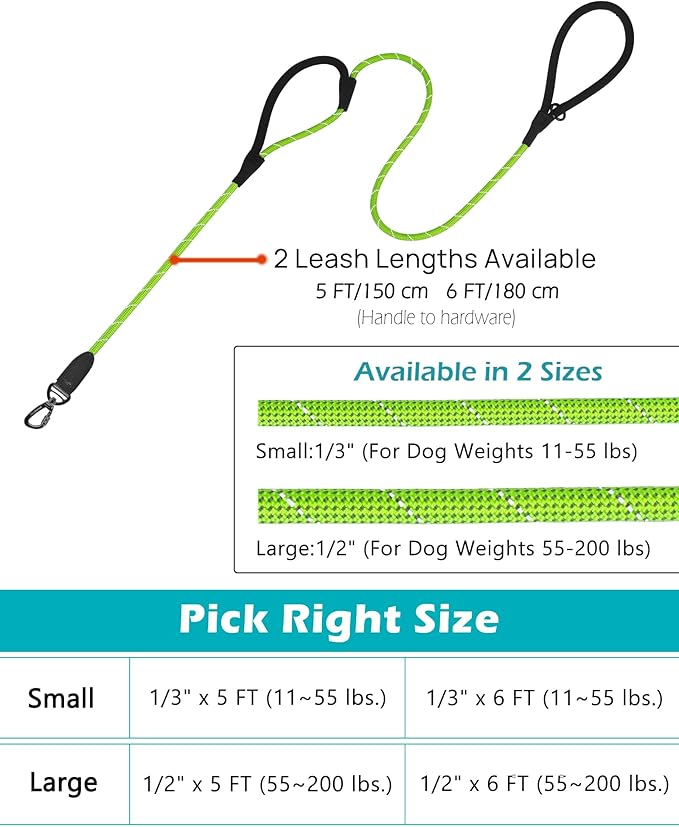 PetBonus Double Handle Rope Dog Leash, 6FT Heavy Duty Training Lead with Lockable Hook and 2 Comfortable Padded Handles, Reflective Walking Nylon Leash for Small Medium Dogs (11-55 lbs, Green)