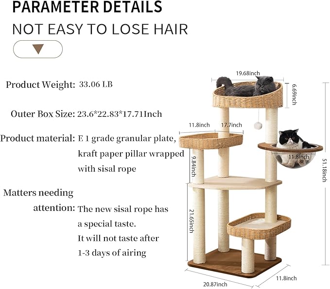 Modern Cat Tree Tower, Hand-Woven Condo for Large Cats with Sisal Scratching Post, Cute Cats Furniture Activity Center