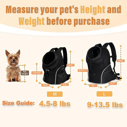 YUDODO Dog Front Carrier Backpack, Adjustable Breathable Pet Carrier for Small Dogs, Ventilated Puppy Back Pack with Safety Belt, Lightweight Doggy Backpack for Hiking Outdoor(Jet Black, L)