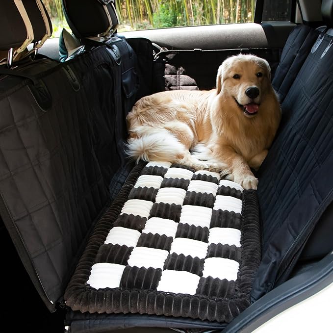 NestlyMoly Dog Bed for Car, Pet Travel Backseat Mat for Vehicle SUV Truck Jeep Automobile, Large Washable Foldable Non-Slip Fuzzy Soft Comfortable Cozy Extender Protector Cover Pad, Black, 24.8x54 in