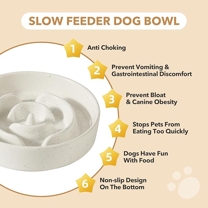 Ceramic 1.2 Cup Dog Bowl Slow Feeder for Medium and Small Dog, 7.3inch Pet Slow Dish, Stop Bloat, Preventing Choking(Single Bowl, Vanilla White)