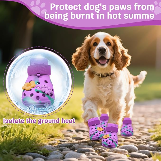 Dog Shoes for Hot Pavement, Adjustable Magic Tape Boots for Small, Medium & Large Dogs, Anti-Slip, Easy to Clean Paw Protectors for Beach, Outdoor & Hot Weather (Purple L)