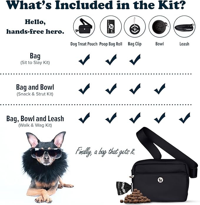 Puppington 3-in-1 Crossbody Dog Treat Pouch for Pet Training - Compostable Poop Bags, Built-In Poop Bag Dispenser, Slow-Feeding Travel Dog Bowl & Reflective Leash - Dog Walking Bag (Onyx Black)