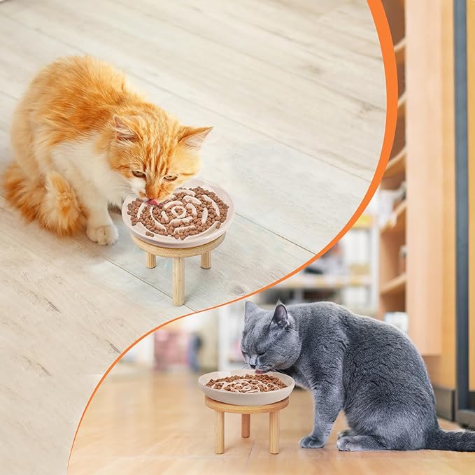 Elevated Slow Feeder Cat Bowls, Ceramic Cat Slower Feeding Bowl with Bamboo Stand, 5.9 Inch Wide Shallow Cats Bowls Whisker Friendly, Anti Vomiting Cats Slow Feeder for Dry or Wet Food Dishwasher Safe