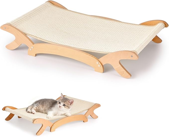 Sisal Cat Scratcher Bed for Indoor Cats Hammock with Solid Beech Wood Frame with Clear Finish, Large Stable Scratch Pad Lounge for Napping and Scratching, 26.3 x 16.1 inches