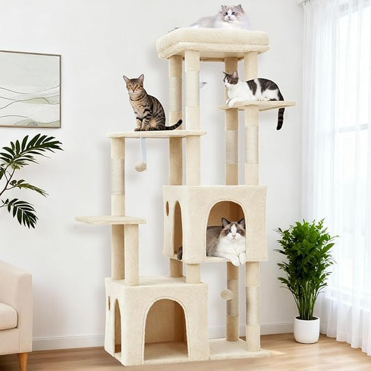 Cat Tree 61" Tall, Sisal Wrapped Scratching Post, Cat Nest, Hanging Ball, Extended Platform