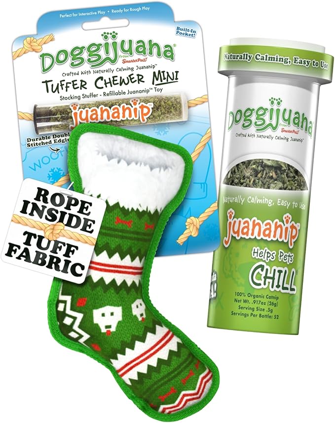 Doggijuana Holiday Mini Doggi Duo Refillable Juananip Toy Bundle | Stocking & Juananip | Funny Dog Toy Plush with Catnip and Refill | Interactive Chew for Play