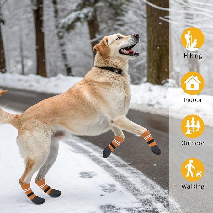 SCENEREAL Anti Slip Dog Boots & Paw Protectors for Hardwood Floor, Extended Dog Socks to Prevent Licking Paws, Waterproof Pet Snow Rain Shoe for Winter Large Senior Dogs, Khaki XL