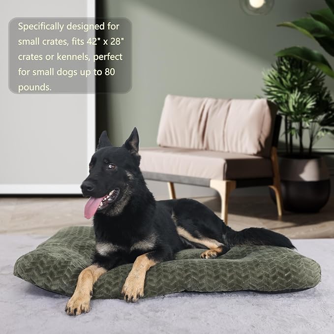 Large Dog Crate Bed 42 Inch Washable Soft and Fluffy Dog Mats for Cages Up to 90 lbs Pet Pillows for Crate Tire Printing Olive Green