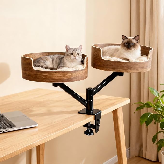 Double Cat Desk Bed with 2 Pet Mat ,360° Rotation ,Walnut Wood Finish,Space-Saving Perch Adjustable Cat Bed Desk Easy Install - Suitable for Indoor Furniture for Office & Game Tables
