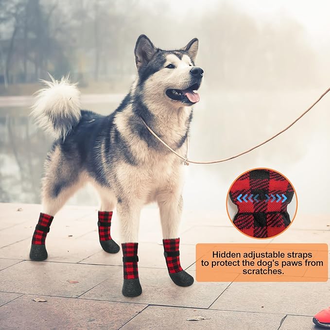 BEAUTYZOO Waterproof Dog Socks to Prevent Licking Paws, Christmas Dog Socks for Hardwood Floors Anti Slip, Puppy Boots with Grippers for Small Medium Large Senior Dogs, Red Black Plaid, L