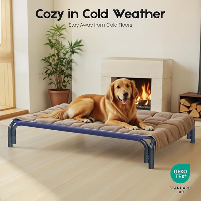 Elevated Dog Bed Raised Outdoor Dog Cot for Large Dogs, Installation Requires No Tools, Frame with Washable Cooling Breathable Mesh Anti-Slip Feet, Indoor Pet Bed, Blue, 43.3 Inches