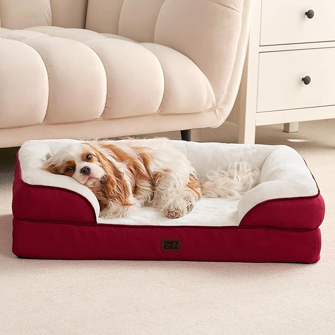 EHEYCIGA Orthopedic Dog Bed for Small Dogs, Waterproof Memory Foam Small Dog Beds with Sides, Non-Slip Bottom and Egg-Crate Foam Medium Pet Couch Bed with Washable Removable Cover,Red