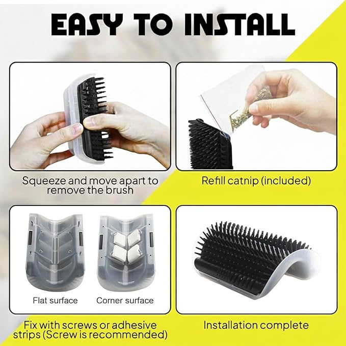 Cat Self Groomer โ Wall Corner Grooming Brushes for Cats and Small Pets โ Soft Silicone Massage Brush for Shedding Control and Face Rubbing (Black)