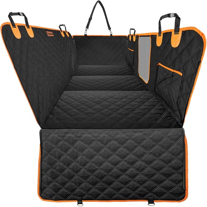 Dog Car Seat Cover for Back Seat,Hard Bottom Back Seat Extender for Dogs,Waterproof 600D Heavy Duty Car Seat Protector Dog Hammock for Car, SUV, Small Truck(Black & Orange)