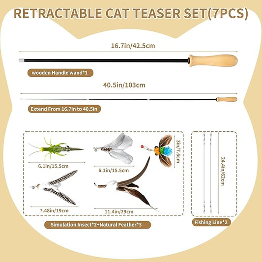 Cat Teaser Wand Natural Feather Toys, 40.5 Inch Interactive Cat Fishing Pole with 5 Replacement Refills & 2 Premium Strings, Chase Exercise Toys for Indoor Kittens & Bored Cats