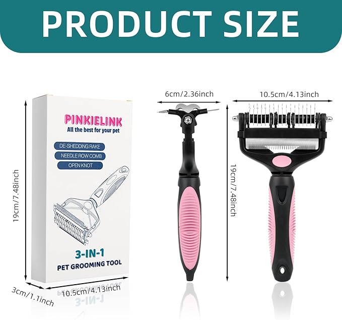 3-IN-1 Pet Grooming Tool - Undercoat Rake, Dematting Comb & Deshedding Brush for Cats & Dogs - Removes Mats, Tangles & Loose Fur, Reduces Shedding & Prevents Hair Mess (Pink)