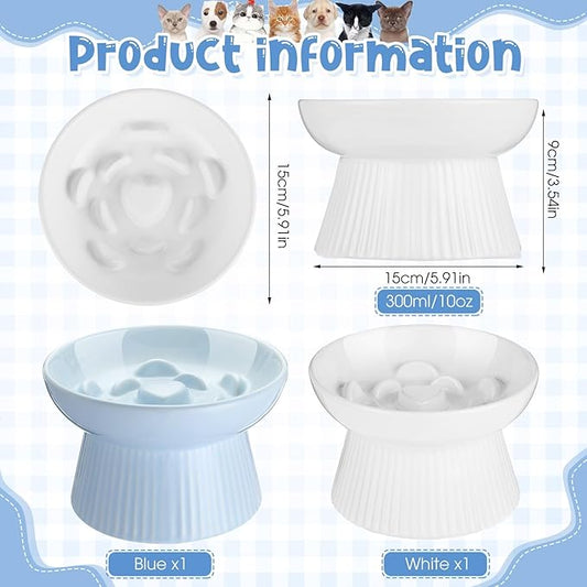 Tioncy 2 Pcs Raised Cat Slow Feeder Bowl Ceramic Elevated Cat Dog Food Bowl No Spill High Edge for Dry Wet Food and Water Easy to Clean, Dishwasher Safe (White,Blue)