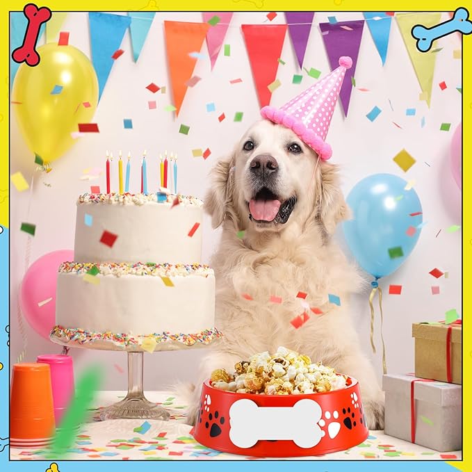 12 Set Dog Paw Plastic Bowls Blue Dog Birthday Party Supplies Colorful Food Trays with Bone Cards Food Plates Paw Centerpieces for Pet Puppy Party Decorations(Red Blue and Yellow)