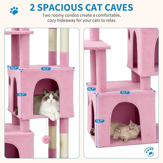 Cat Tree - 157cm Tall, Sisal Wrapped Scratching Post, Cat Nest, Hanging Ball, Extended Platform