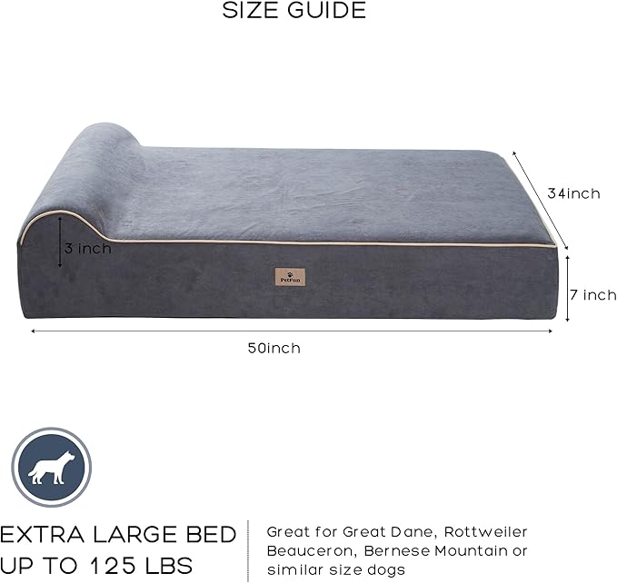 Jumbo Orthopedic Dog Bed for Large Dogs - 7-inch Thick Memory Foam Dog Bed with Pillow Removable Cover Machine Washable (Gray | Suede), 50''L x 34''W x 10''Th I Extra Large