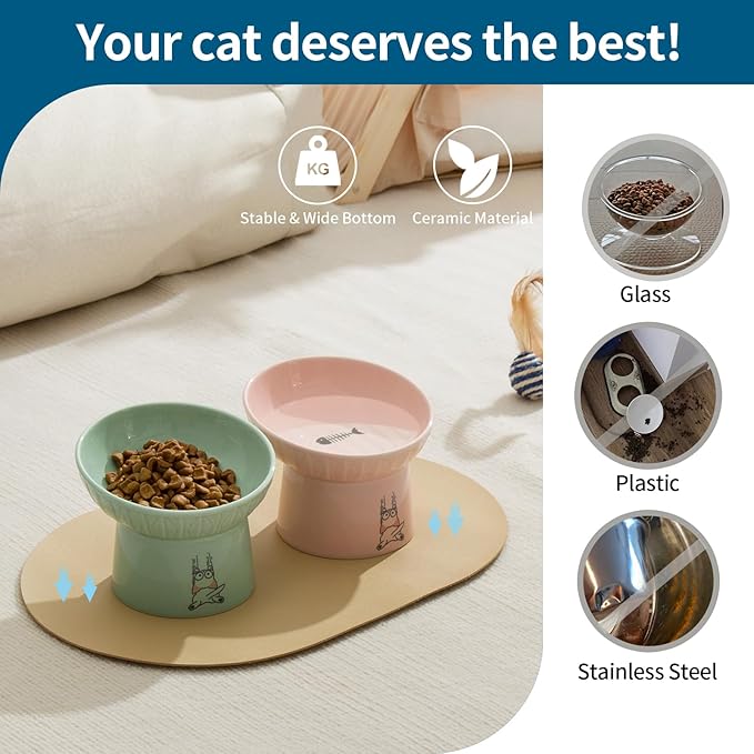 TAMAYKIM 6.5 Inch Tilted Extra Wide Raised Ceramic Cat Bowls, Round Food and Water Bowls for Elder Big Cats and Small Dogs, Elevated Pet Feeder Dish, Stress Free, Protect Cat's Spine, Pink & Green
