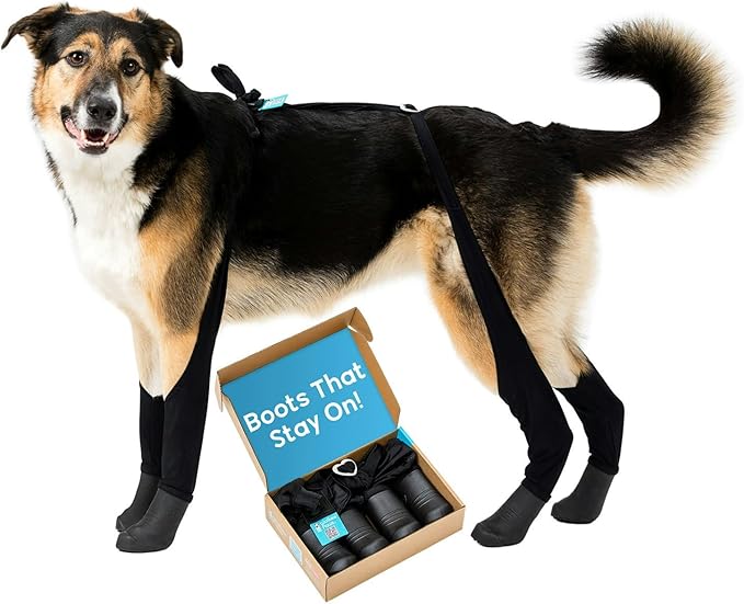 100% Waterproof Dog Boots Connected to Leggings so They Stay on. Easy-On Paw Protectors with an Adjustable fit. Snow & Rain, Anti-Slip Traction, Machine-Washable (Black, Medium)