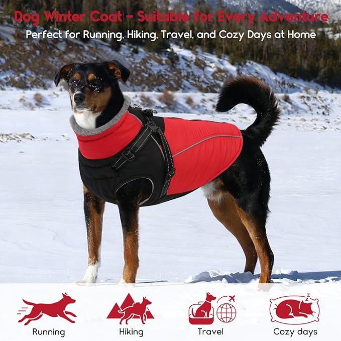 ASENKU Reflective Dog Coat with Built-in Harness, Windproof Fleece-Lined Dog Jacket for Small, Medium, Large Dogs, Warm Winter Vest with Turtleneck & Zipper (Red 2XL)