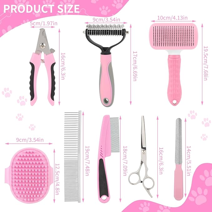 9 Pcs Pet Grooming Brush Set for Shedding, Professional Cats Dogs Long Hair Brush Nail Clipper And File Grooming Kit Self Cleanup Deshedding Multifunctional for Dogs Cats (Pink)