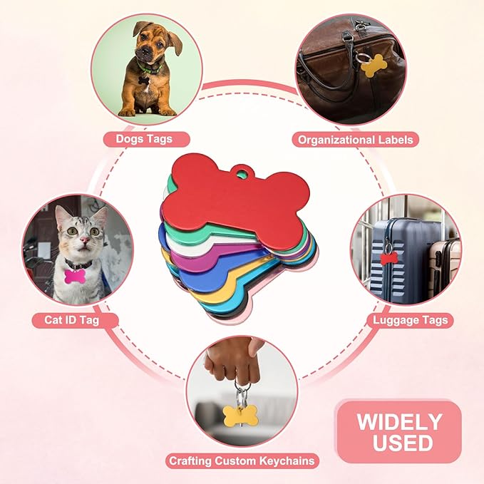 Pet ID Tags, Personalized Dog Cat Tag Stainless Steel Aluminum Bone Shape Engraved Blank with Key Ring 38x25mm, (Multicolor, 10 Pcs), Intended for Dog/Cat/Name/Pendant Crafts