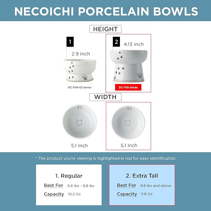 Necoichi Elevated Cat Water Bowl – Ceramic Raised Cat Bowl, Prevents Neck & Whisker Fatigue – Dishwasher & Microwave Safe – Pet Water Bowl for Cats (Colorful Dots, Extra Tall)