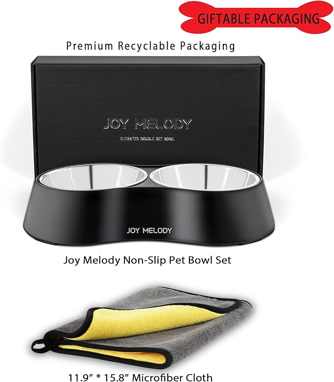 Joy Melody Non Slip Food and Water Bowl Set with Stand for Cat, Samll Dog, Rabbit, Stainless Steel Elevated Kitten Feeder, Anti Vomiting Dish for Puppy, Bunny, Dishwasher Safe, Whisker Fatigue
