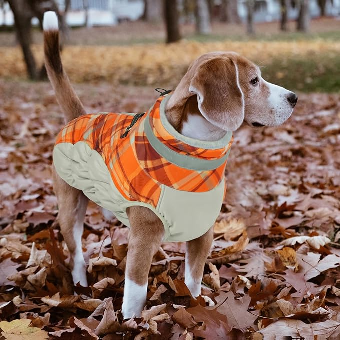 Lelepet Warm Dog Winter Coat Dog Coats for Large Dogs Waterproof Dogs Jacket with Harness Built in Reflective Cold Weather Coats Zip-Up Winter Fleece Vest Snowsuit Boston Terrier Orange Plaid L