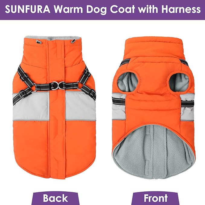 SUNFURA Dog Winter Coat, Waterproof Dog Coat Jacket with Harness for Medium Dogs Boys Girls, Reflective Fleece Lined Pet Snow Jacket Sweaters for Pug, Jack Russel, Boston Terrier, Orange M