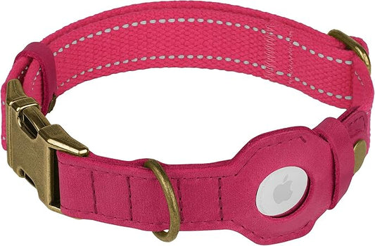 Reflective Leather Dog Collar with AirTag Holder - Soft Apple Airtag Dog Collar with Metal Buckle - Safety Cotton Pet Collars for Dogs Small Large Dogs Puppy (Pink, L, 17"-21")