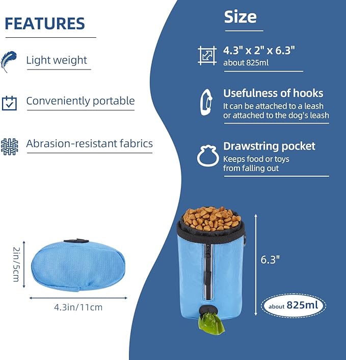 Ownpets Small-Size Pet Training Treat Pouch with Drawstring Closure - Dog Treat Bag for Leash, Carabiner Hook, Poop Bag Holder & Reflective Strip, 825ml Capacity (Blue)