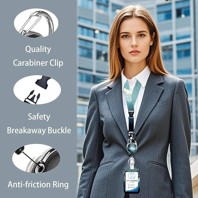 with ID Card Holder Caregiver Worker, Office School Lanyard Key Ring Mountain and Tree Name Tag Retractable Heavy Duty Badge Reel Clip Vertical ID Card Protective Case